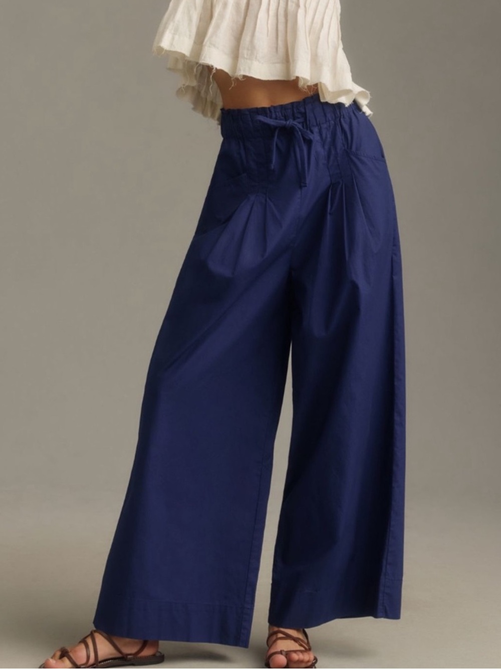 Wide Leg Cotton Pants in Navy Blue - Comfortable Summer Style